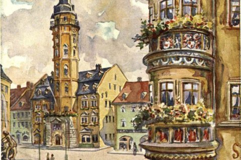 Postkarte des Geraer Marktes nach einem Gemälde des Geraer Malers Paul Neidhardt (1874-1951) aus dem Stadtarchiv Gera (Bildersammlung, Nr. A 1573).